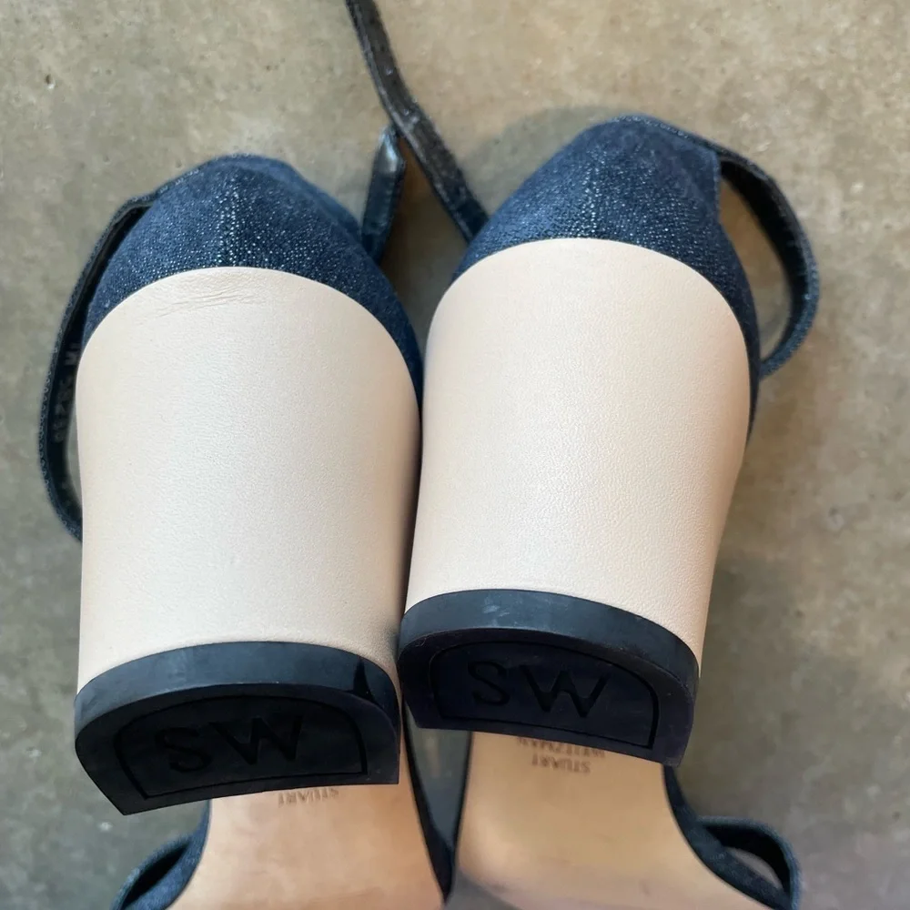 Stuart Weitzman Denim Ankle Strap Block Heel Sandals 9.5 Made in Spain